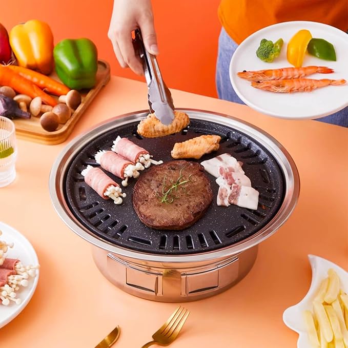 Portable Korean Style Stainless-Steel Barbecue Grill, Charcoal BBQ Round Grill Stove for Outdoor Camping, Picnicking & Parties 1~4 People, 13.8" DIA