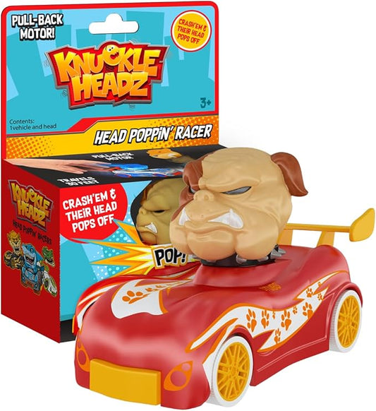 Knuckle Headz Pop-Up Racer Car Toy, Friction-Powered Pull Back Race Car, Head Popping Fun Gift for Kids, Boys, Girls, Ages 3+, Bulldog