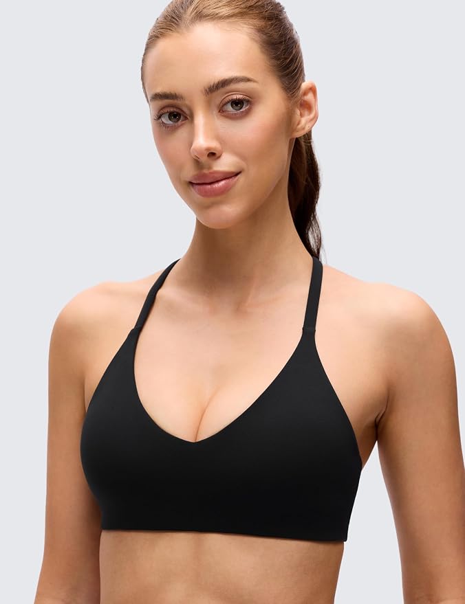 CRZ YOGA Butterluxe Low Coverage V Neck Sports Bras for Women - Spaghetti Straps Racerback Padded Yoga Top