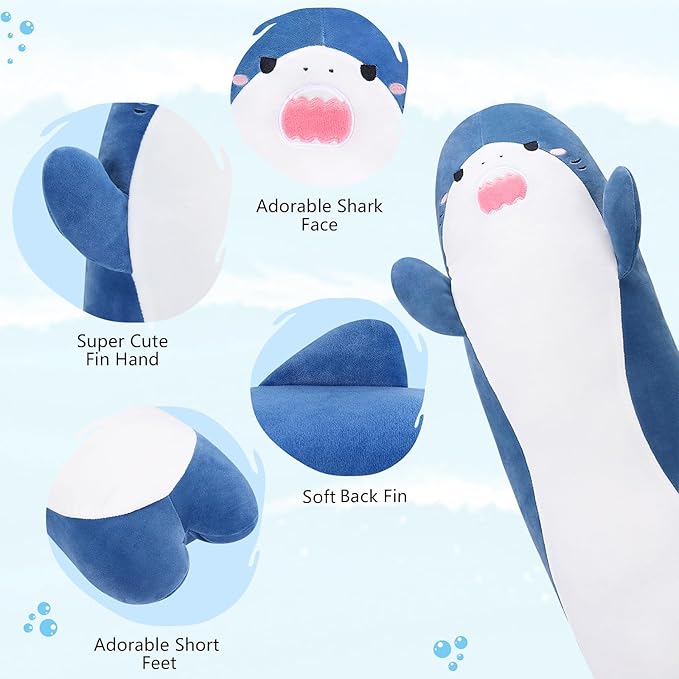 Large Shark Plush,33.5" Cute Plushies Long Shark Stuffed Animal,Weighted Shark Plush Toys,Cuddly Sleeping Hugging Pillows, Soft Giant Body Pillow,Shark Plushy Gift at Birthday Kids Adults