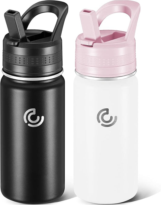 2 Pack Kids Water Bottle,14oz Stainless Steel Insulated Water Tumbler Leak-Proof,School Water Mug,Small and Portable,Suitable for Boys and Girls to Use(Black + White)