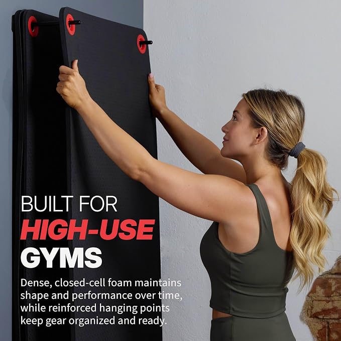 SPRI Hanging Exercise Mats for Gyms, Closed-Cell Foam Yoga & Fitness Mats with Grommets, Thick Workout Mats for Studios & Group Fitness Classes, Wall Rack Mat Holder Storage, Black
