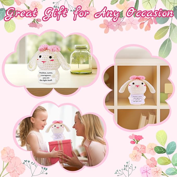 PARTY TONIGHT Mini Funny Positive Bunny Inspirational Gifts,Handmade Emotional Support Crochet Pink Bow Bunny for Women Men Coworker Positive Crochet Bunny Home Decor