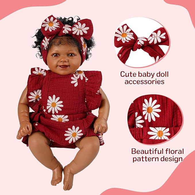 BABESIDE 2 Pcs Reborn Baby Doll Clothes with Headband for 17-22 Inch Dolls, Floral Patterns Reborn Baby Doll Accessories Set for Newborn Babydolls, Wine Red