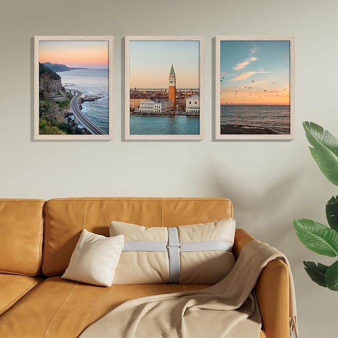 Vittanly 12x16 Picture Frames Set of 9 for Wall Mounting, OAK | Display Pictures 11x14 with Mat or 12x16 without Mat, Engineered Wood with Shatter Resistant Plexiglass, Gallery Photo Frames