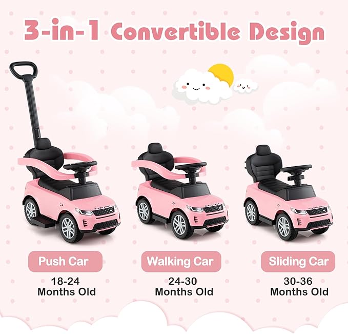 Costzon Push Car for Toddlers, 3 in 1 Land Rover Discovery Stroller Sliding Walking Car with Handle, Horn Sound, Underneath Storage, Armrest Guardrail, Foot-to-Floor Ride On Toy for Boys Girls (Pink)