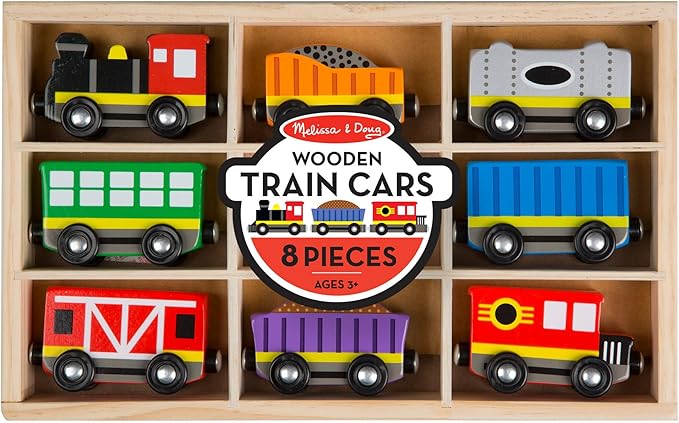 Melissa & Doug Wooden Train Cars, 8-Piece Magnetic Train Set with Toy Storage Tray, Steam Engine, Caboose, Coal & Passenger Cars, Montessori-Inspired Pretend Play Toys for Kids Ages 3+