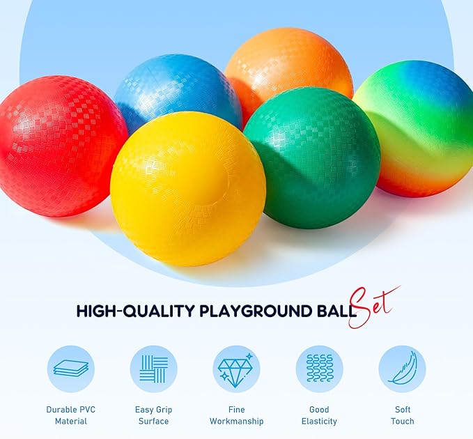 EVERICH TOY 6 Pack Playground Balls Dodgeball Set, 8.5 Inch Dodge Kick Ball Kickball Handball for Kids Adults, Indoor Outdoor Sports Toy for Yard Camp School Recess Ball Game for Boys Girls with Pump