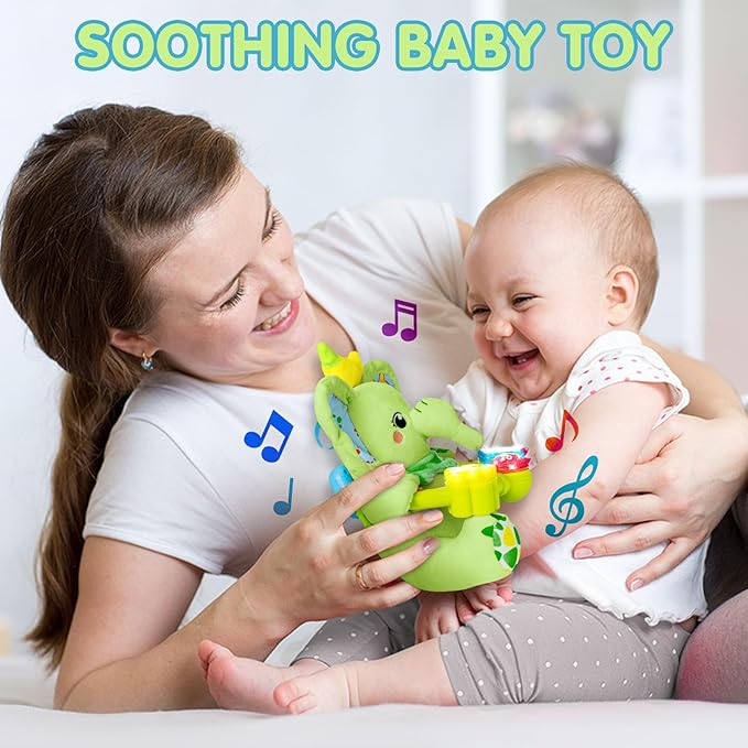 Baby Bilingual Musical Elephant Stuffed Animals Toys,Infant Early Learning Toy with Light-Up Music & Crinkle,Tummy Time Toys for 0 3 6 9 12+ Months for Baby Boy Girl Gift,Green