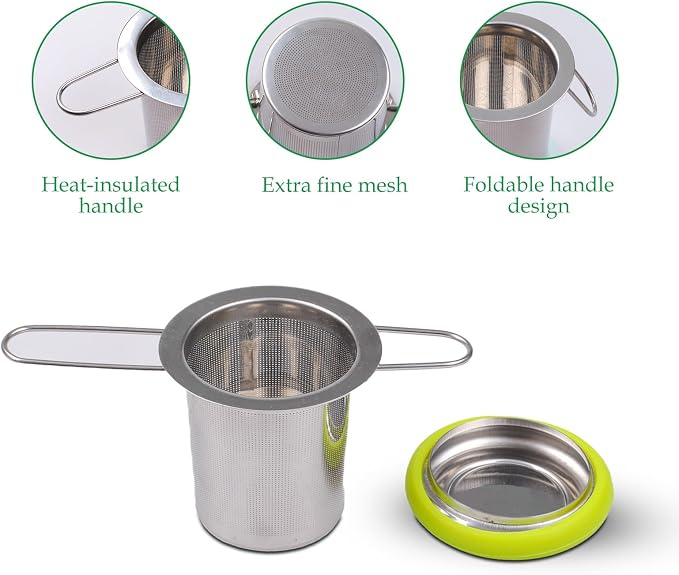 Tea Infuser Stainless Steel Tea Strainer Folding Handle Tea Filter Extra Fine Mesh Strainer Brewing Basket with Lid for Loose Leaf Tea (Green)