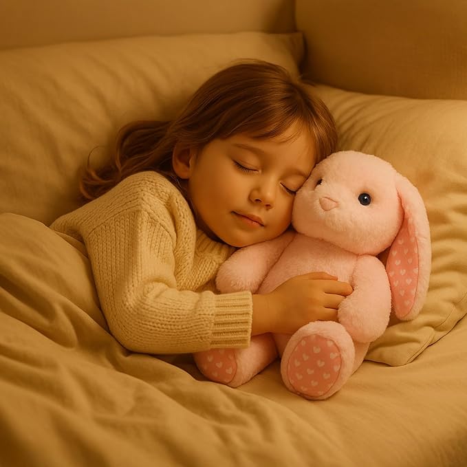 Pink Rabbit Bunny Stuffed Animal Plush Toys with Floppy Ears & Heart Print for Lover, Kids, Boys, Girls, Babies - Perfect Birthday Nursery Décor Easter Christmas Bedtime Gift