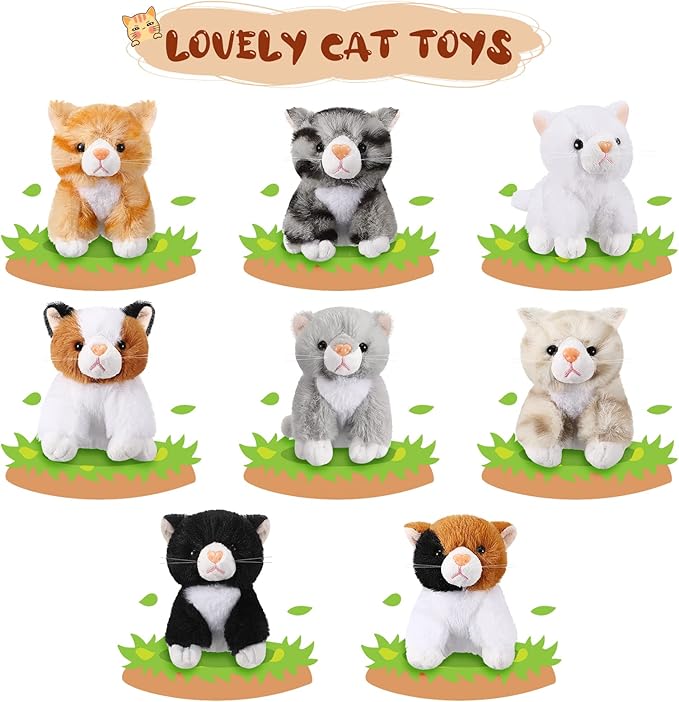Sumind 8 Pcs Cat Stuffed Animals Bulk Plush Pets 5 Inch Cute Assorted Plush Cats Horse for Birthday Halloween Christmas Party Favors Favors(Long Hair Cat)