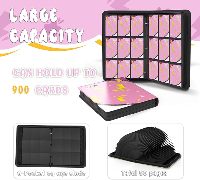 Trading Card Binder 9 Pocket,Card Binder 900 Pockets,Card Book Holder Cards with 50 Removable Sleeves,3-Ring Zip Design MTG/TCG/Sport Collectible Trading Card Albums Gifts for Boys and Girls (Pink)