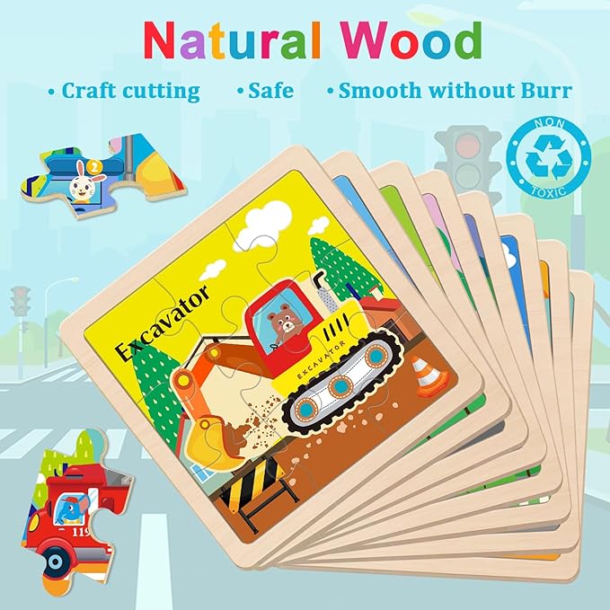 Wooden Puzzles for Toddlers, 9 Pieces Vehicle Jigsaw Puzzles for Kids Ages 3-5 4-6, Preschool Learning Activities, Learning & Educational Toys, Gifts for Boys, Girls (8 Pack)