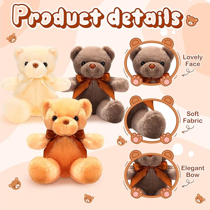Aoriher 6 Pcs Bear Stuffed Animal Bulk Baby Shower Bear Plush Toys Soft Cute Sleeping and Playing Decorations for Kids Back to School Gift Baby Shower Birthday Party Favor(Beige, Brown, Pink)