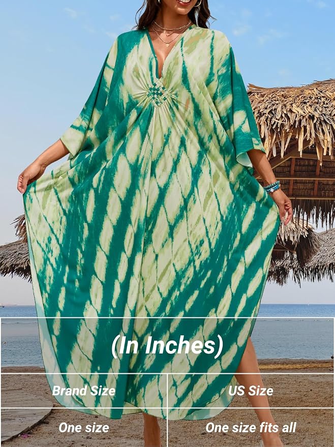 ChiaoLezhee Print Moo-Moos for Women, Kaftan Cover-Up Dresses, Sexy V-Neck High-Slit, Beach Pool-Party Coverups Muumuu Plus
