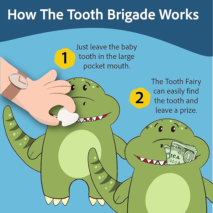 The Tooth Brigade Tooth Fairy Pillow | Stuffed Plush with Large Pocket Mouth for Lost Teeth, Treasures, Prizes - Fun and Interactive Plush, Perfect Kids, Boys, & Girls Gift (Rebel Dinosaur)