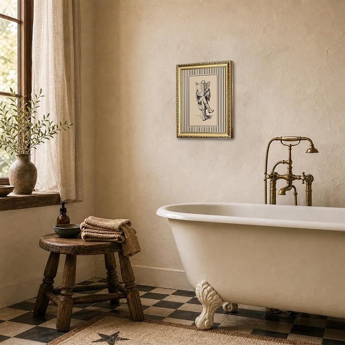 Gold Framed Funny Cowgirl Bathroom Wall Art Western Cowgirl Reading Newspaper on Toilet Wall Decor, Farmhous Vintage Cowboy Bathroom Poster Canvas Painting Print Picture 16x24 inch