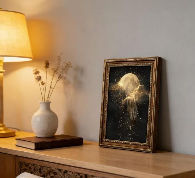Vintage Gold Framed Golden Moon Celestial Wall Art,Moody Celestial Painting Canvas Print,Glittering Golden Rain & Sparkling Stars Wall Decor,Gothic Night Sky Stars Artwork,for Bedroom Living Room Bathroom