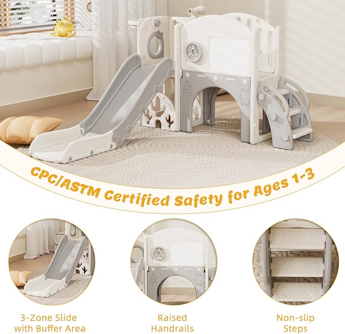 67i Indoor Toddler Slide with Drawing Board, Golf Set, Basketball Hoop - Kids Playground for 1-3 Year Olds, Non-Slip Steps & Storage Space (White Gray)