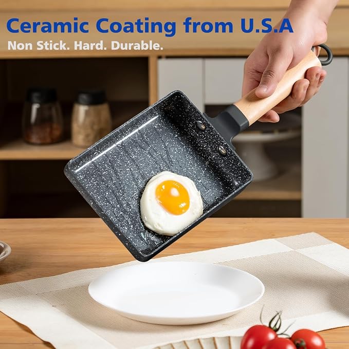 Ceramic Tamagoyaki Pan, Square Egg Frying Pan for Japanese Omelette | Small Nonstick Rectangle Pan, Omlet Egg Roll Pan, Japan & Korean Cookware, Tamago Omelet for Induction, with Silicone Brush