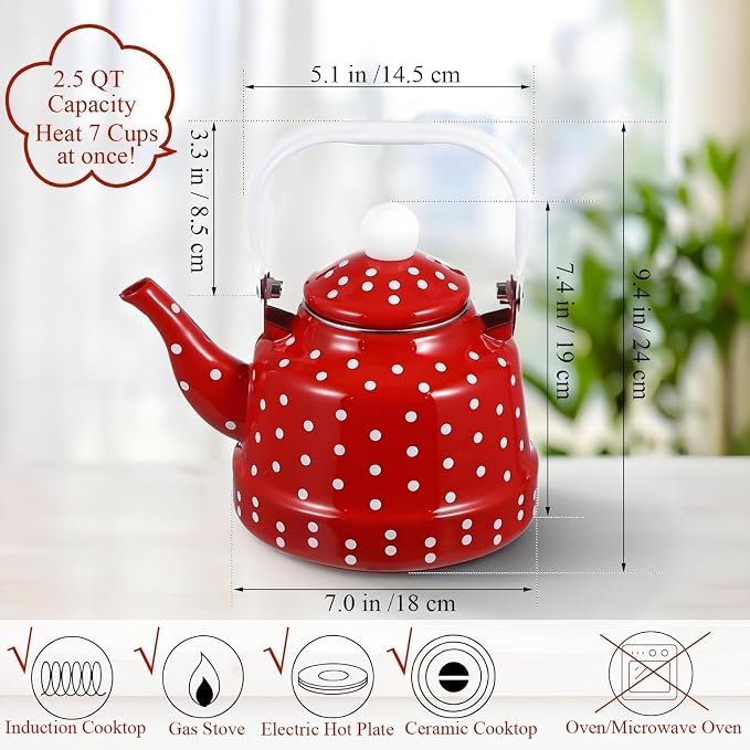 2.5 Quart Vintage Enamel Tea Pot Stovetop,Enamel Water Kettle Teapot with Red and White Spots,Enamel on Steel Water Coffee with Handle,Hot Water Kettle for Hot Water,No Whistling,Wedding Gift
