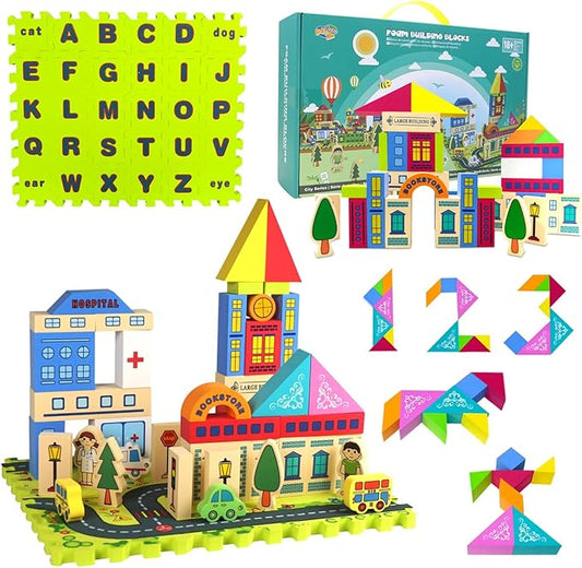 City Street View Foam Building Blocks Set for 2-4 Years Old, Town Construction Soft Stacking Blocks with Alphabet Letters Puzzle Playmat, Educational Learning Gifts for Kids 18+ Months
