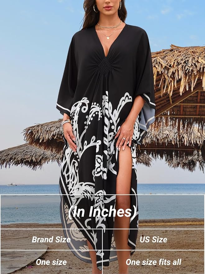 ChiaoLezhee Print Moo-Moos for Women, Kaftan Cover-Up Dresses, Sexy V-Neck High-Slit, Beach Pool-Party Coverups Muumuu Plus