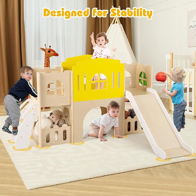 Costzon Wooden Toddler Slide, 7-in-1 Climber Playset with Slide, Basketball Hoop, Extra-Long Aisle, Peek-a-Boo Window, Crawling Tunnel & Storage Space, Indoor Outdoor Playground Slide for Kids