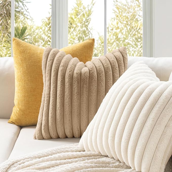 MIULEE Faux Fur Decorative Euro Sham Pillow Covers 24x24 Beige 2 Pack | Cream White Modern Soft Plush Couch Pillows, Cozy Fluffy Cushion Covers for Sofa Bed Living Room Home Decor