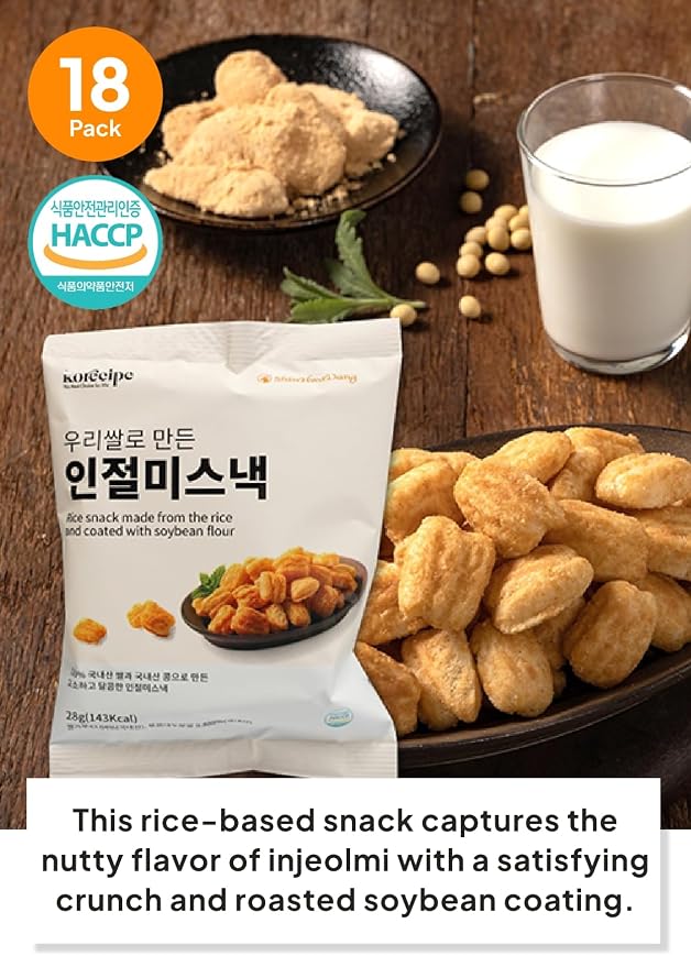 Korean Food Shinwhadang Injeolmi Rice Snack, Soybean Coating, 0.99 oz* 18Pk | Crispy Korean sweet rice snack coated with roasted soybean powder in 18 individual packs