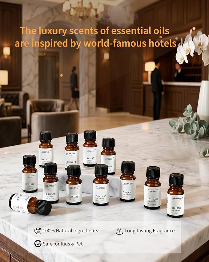 Waterless Essential Oil Diffuser with 12 x 10ml Hotel Fragrance Oils | Battery Operated, Cordless, Luxury Home Scents, Inspired by 5-Star Hotels, Aromatherapy Gift Set