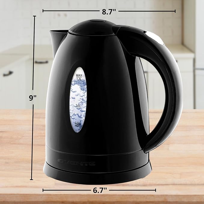 OVENTE Electric Kettle,1.7L Fast Boiling Water Heater for Coffee or Tea,BPA Free with Water Level Gauge,Auto Shut-Off,Boil-Dry Protection,Indicator Light and Removable Filter,Black KP72B,(Pack of 12)