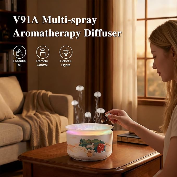Essential Oil Diffuser 360ML，Jellyfish Diffuser Cool Mist Ultrasonic Aroma Aromatherapy Diffuser with Remote Control 7 Light 2 Mist Mode for Home Bedroom Office Hotel (White)