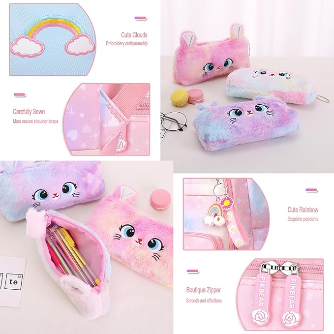 Rainbow Backpack For Girls Kids,Cute Student School Backpack With Pen Bag,Aesthetic Starry Rainbow Laptop Travel Bag