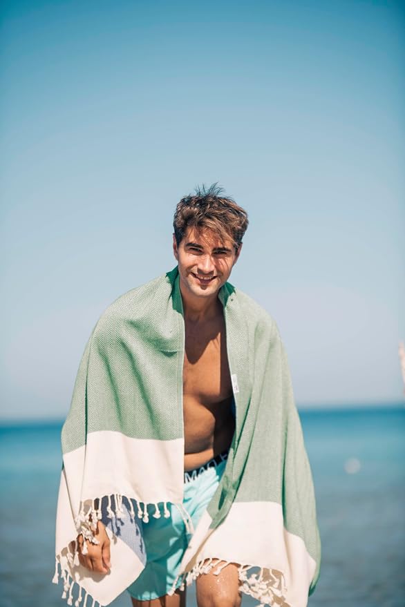 Bazaar Anatolia Turkish Beach Towel 100% Cotton Bath Towels 71x39 Quick Dry Sand Free Lightweight Large Oversized Herringbone Green