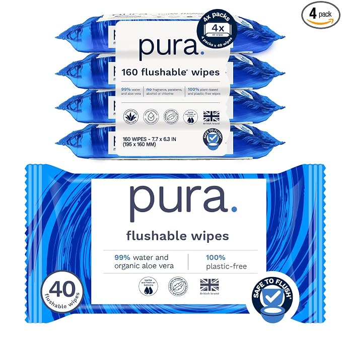 Pura XL Flushable Adult Wipes Unscented Extra Large Wet Wipes with Aloe Vera & 99% Water, Sensitive Skin, 4 Pack of 40 (160 Wipes), Personal Hygiene Toilet