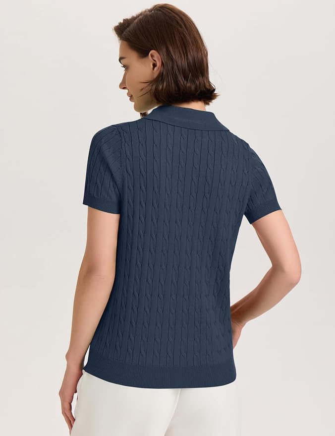 Micoson Womens Short Sleeve Sweater Tops Lapel V Neck Polo Shirts 2026 | Summer Cable Knit Loose Blouses, Business Casual Outfits