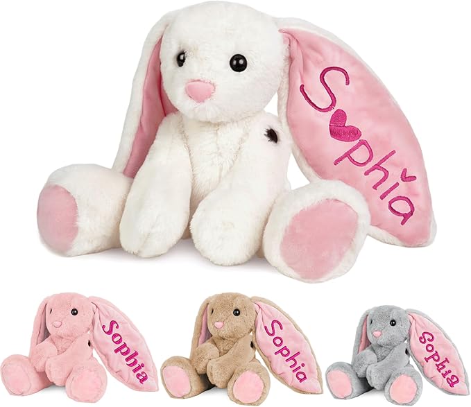 Personalized Bunny Plush Stuffed Animal with Embroideried Name Custom Toddler Stuffed Rabbit Doll Kids Bunny Plush Toys Personalized Baby Girls Boys Newborn Gifts for First Birthday Easter