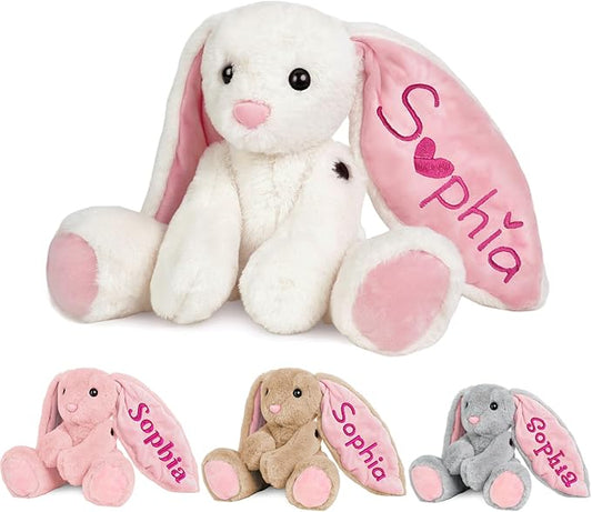 Personalized Bunny Plush Stuffed Animal with Embroideried Name Custom Toddler Stuffed Rabbit Doll Kids Bunny Plush Toys Personalized Baby Girls Boys Newborn Gifts for First Birthday Easter