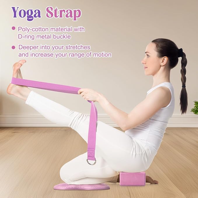 RoundFunny 5 Pcs Yoga Blocks Knee Pads Yoga Strap Set Soft Premium Foam Blocks Accessories for Pilates Meditation General Fitness Stability, Kneeling, Balance, Deepen Stretches and Toning
