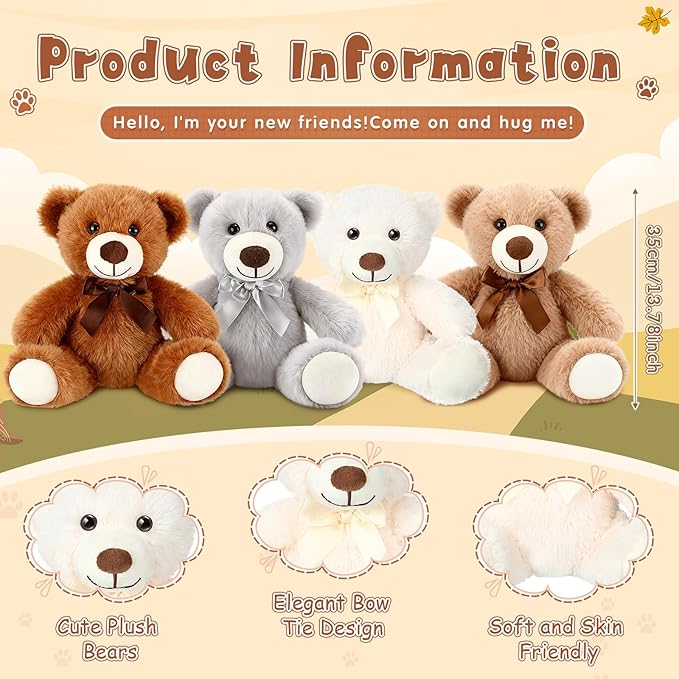 Civaner 4 Pack 14 Inches Teddy Bears Plush Stuffed Animals Valentine Cute Soft Bears Gifts Bulk for Women BFF Girlfriend(Light Brown, Dark Brown, White, Gray)