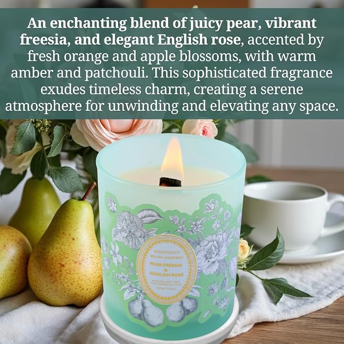 Pear Freesia English Rose Candle | 10.6oz Wood Wick Soy Scented Candle for Home | Relaxing Floral Garden Aromatherapy Candle | Long Lasting Clean Burn | Housewarming Gift for Women & Men
