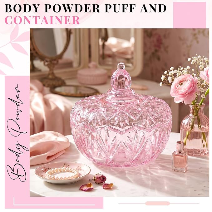 Tioncy 2 Pcs Extra Large Dusting Powder Puff and Container for Women-6'' Glass Crystal Dusting Powder Container with Body Soft Washable Reusable Velour Face(Pink,Pumpkin)