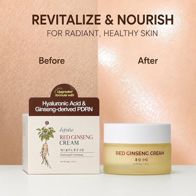 esfolio made in Korea Red Ginseng Nourishing Cream 2.82 Oz, Daily Facial Moisturizer with Red Ginseng Extract, Lightweight Face Cream for Soft and Comfortable Skin, Fast Absorbing Korean Skincare