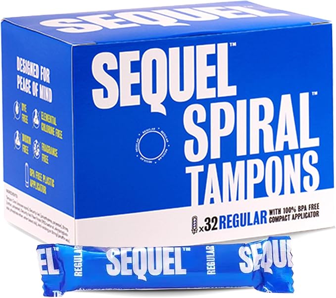 Sequel Spiral Tampons for Women, Regular Absorbency, 32 Count — Patented Helical Design, BPA Free Compact Plastic Applicator, Dye Free, Fragrance Free