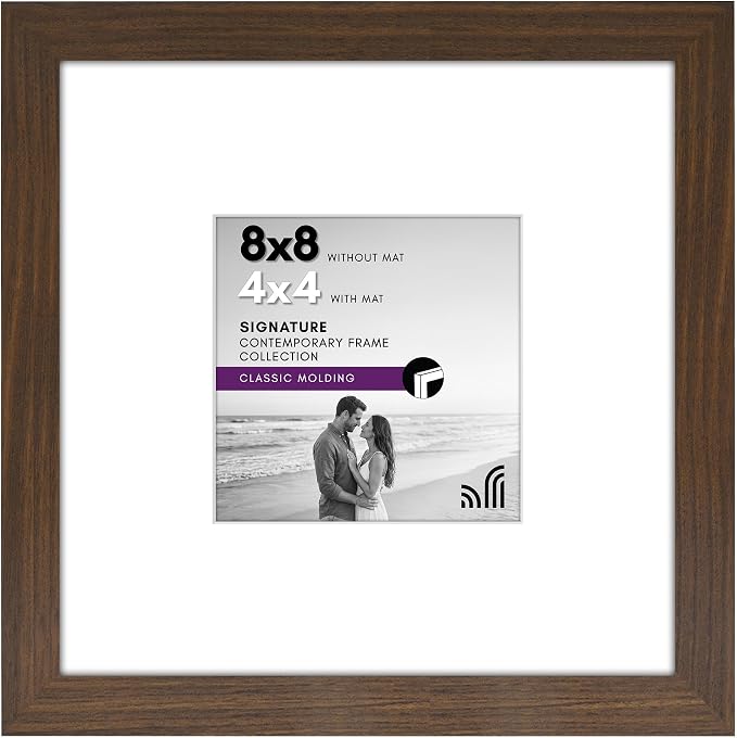 Americanflat 8x8 Picture Frame - Matted to 4x4 - Engineered Wood - Walnut | Shatter-resistant glass, wall or tabletop display with included easel, sawtooth hangers included