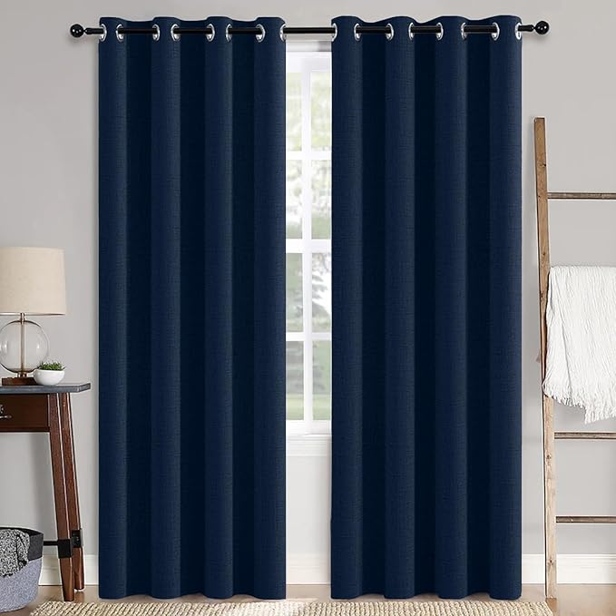 MIULEE 90 Inches Linen Textured Curtains for Bedroom 100% Blackout Thermal Insulated Midnight Blue Grommet Room Darkening Curtains & Drapes Luxury Decor for Living Room 52 x 90 Inch (2 Panels)