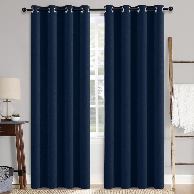 MIULEE 100% Blackout Linen Textured Curtains for Bedroom Solid Thermal Insulated Midnight Blue Grommet Room Darkening Curtains & Drapes Luxury Decor for Living Room 52 x 108 Inch (2 Panels)