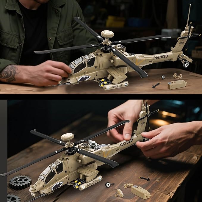 AH-64 Military Helicopter Building Set, Compatible with Lego Military Army Airplane, for 8-14 Years Boys and Adults as Gifts